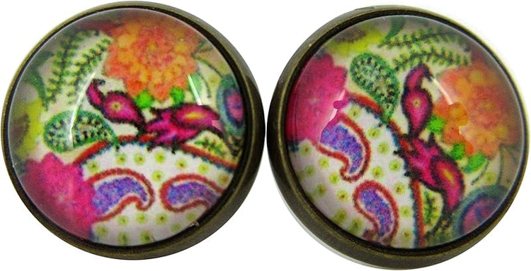 Summerfield Collection Antiqued Gold-tone Paisley Print Glass Stud Earrings 12mm