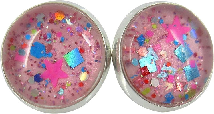 Summerfield Collection Silver-tone Bubblegum Pink Confetti Glitter Glass Stud Earrings Hand-painted 12mm
