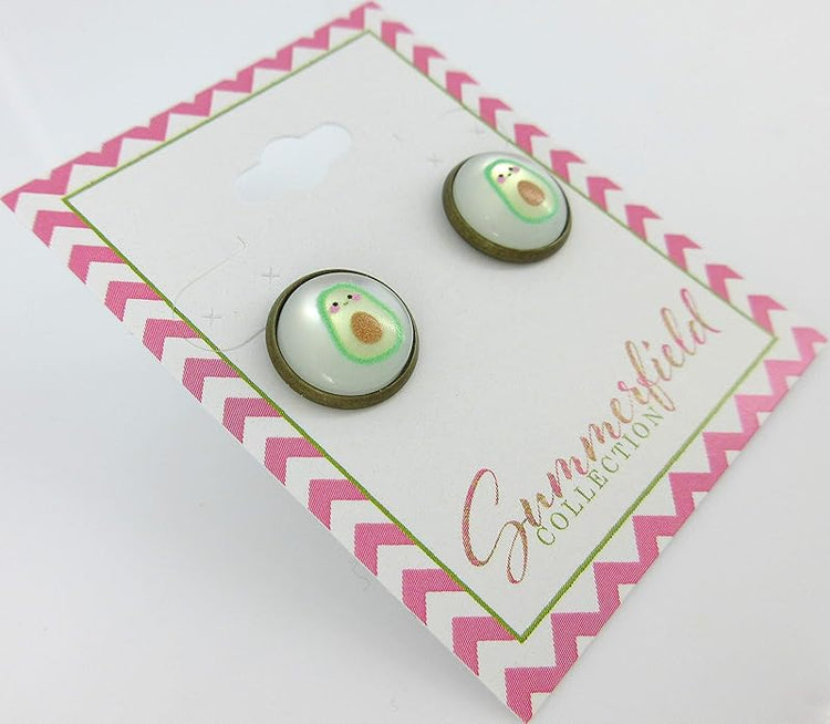 Summerfield Collection Antiqued Gold-tone Fruit Print Frosted Resin Stud Earrings 12mm (Avocado Face)
