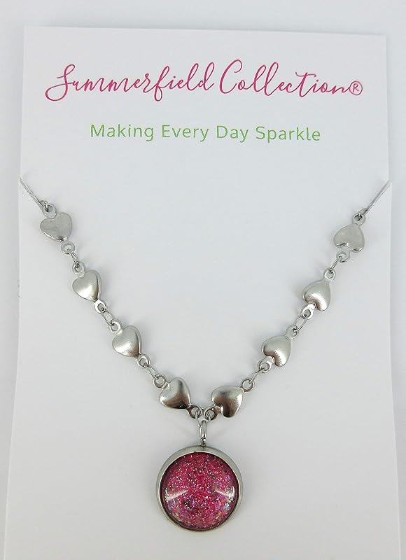 Summerfield Collection Stainless Steel Heart Chain and Pink Glitter Glass Pendant Necklace