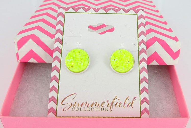 Summerfield Collection Stainless Steel Neon Yellow AB Faux Druzy Stone Stud Earrings (12mm)