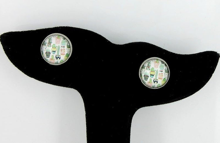 Summerfield Collection Stainless Steel Potted Succulent Print Glass Stud Earrings 12mm
