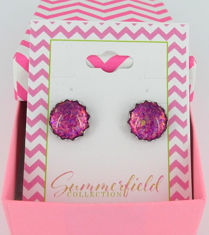 Summerfield Collection Stainless Steel Magenta Pink Purple with Colorshifting Rainbow Flake Glitter Glass Stud Earrings Hand-painted 12mm
