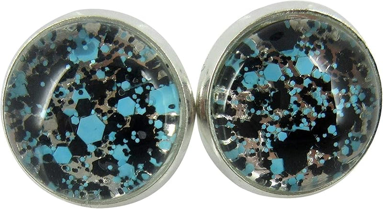 Summerfield Collection Silver-tone Aqua Blue and Black Glitter Glass Stud Earrings Hand-painted 12mm