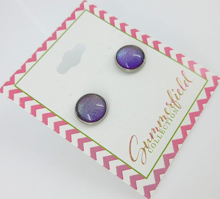 Summerfield Collection Stainless Steel Purple Colorshifting to Green Glitter Glass Stud Earrings Hand-painted 10mm