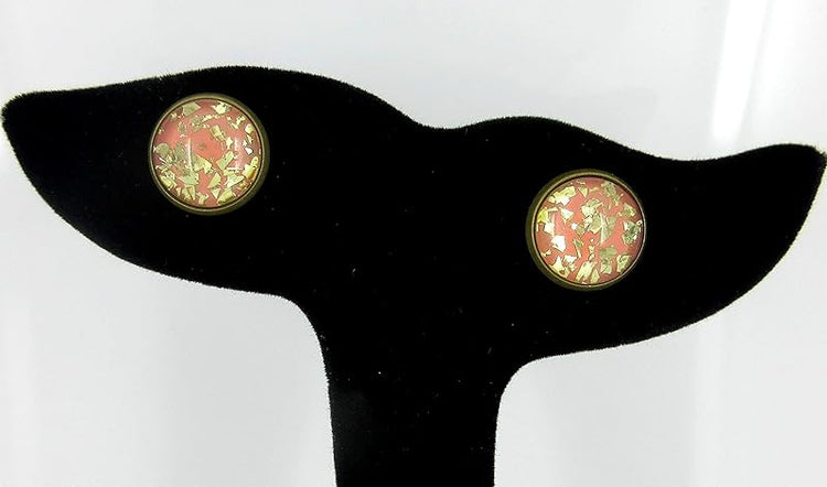 Summerfield Collection Antiqued Gold-tone Peach Glitter Glass Stud Earrings 12mm Hand-painted