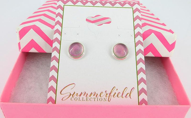 Summerfield Collection Silver-tone Hot Pink Color Shift Glitter Glass Stud Earrings Hand-painted 8mm