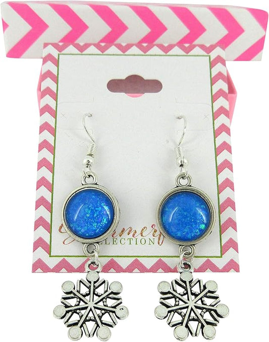 Summerfield Collection Antiqued Silver-tone Cobalt Blue Glitter Glass Dangle Earrings Snowflake Charm Hand-painted
