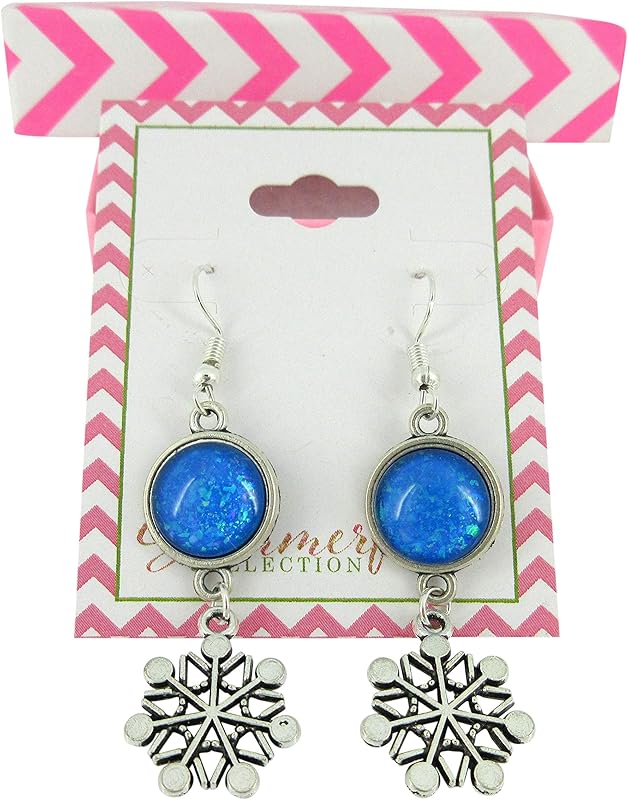 Summerfield Collection Antiqued Silver-tone Cobalt Blue Glitter Glass Dangle Earrings Snowflake Charm Hand-painted