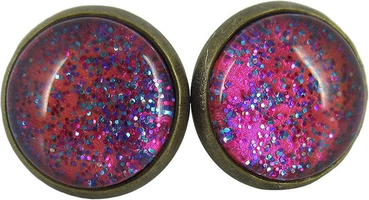 Summerfield Collection Antiqued Gold-tone Hot Pink and Blue Glitter Glass Stud Earrings Hand-painted 12mm
