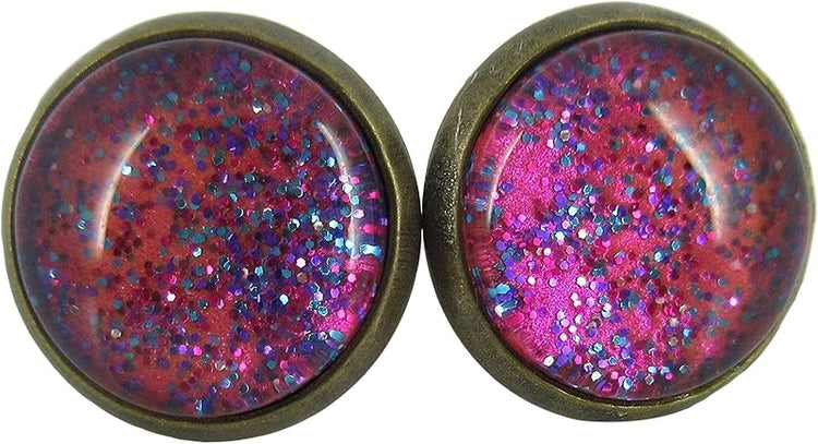 Summerfield Collection Antiqued Gold-tone Hot Pink and Blue Glitter Glass Stud Earrings Hand-painted 12mm