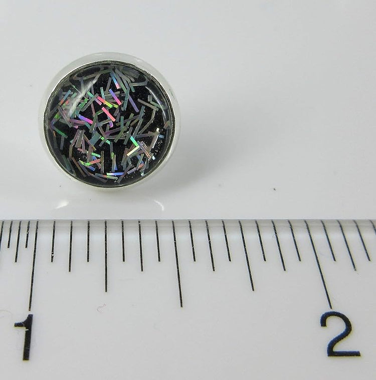 Summerfield Collection Silver-tone Black and Holographic Bar Glitter Glass Stud Earrings Hand-painted 12mm