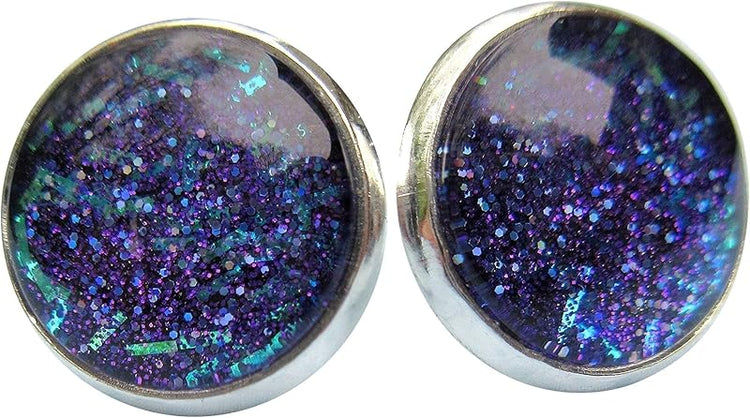 Summerfield Collection Silver-tone Purple and Blue Glitter Glass Stud Earrings Hand-painted 12mm