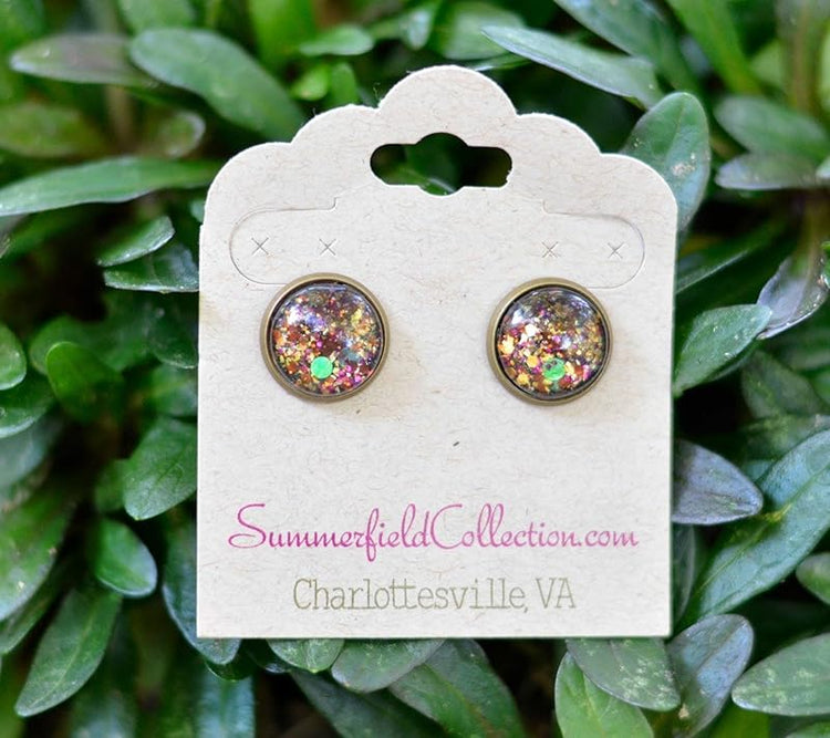 Summerfield Collection Antiqued Gold-Tone Brown Green Black Glitter Glass Stud Earrings 1/2" Round