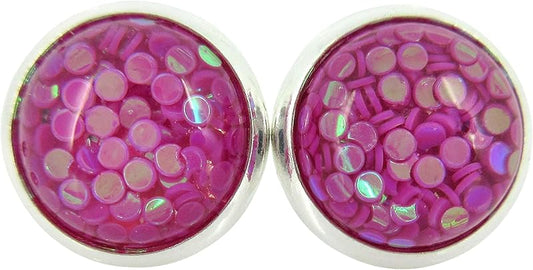Summerfield Collection Shiny Silver-tone Iridescent Glitter Resin Stud Earrings 10mm (Magenta)