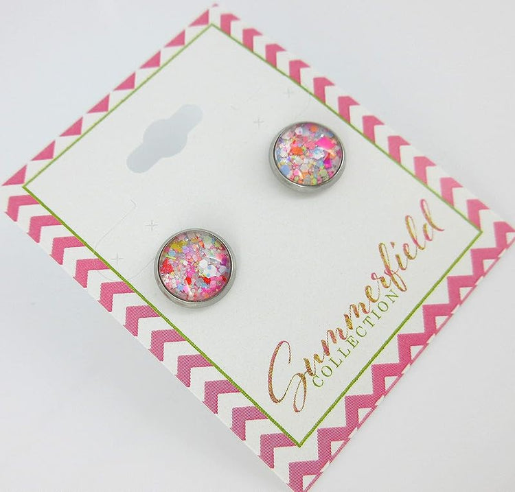 Summerfield Collection Stainless Steel Happy Confetti Glitter Glass Stud Earrings Hand-painted 10mm