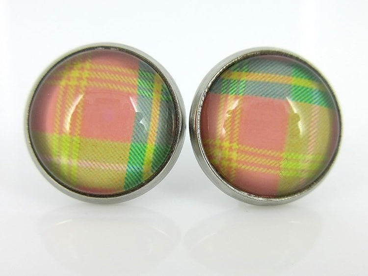 Summerfield Collection Stainless Steel Duo Stud Earrings Plaid Print Glass 12mm Set (Pastel)