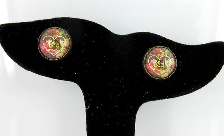 Summerfield Collection Antiqued Gold-tone Jesus Heart Flower Print Glass Stud Earrings 12mm
