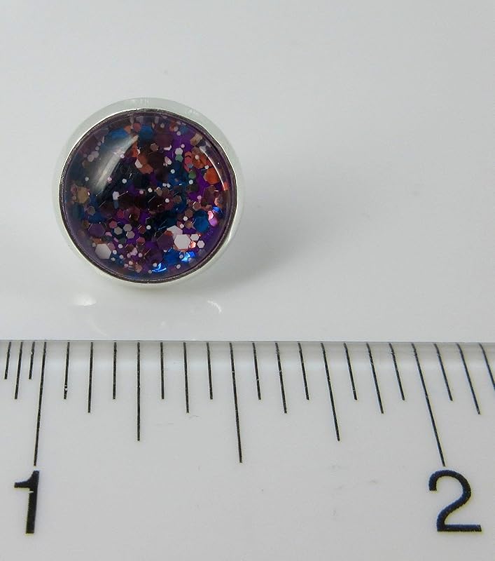 Summerfield Collection Silver-tone Purple and Multi Color Glitter Glass Stud Earrings Hand-painted 12mm