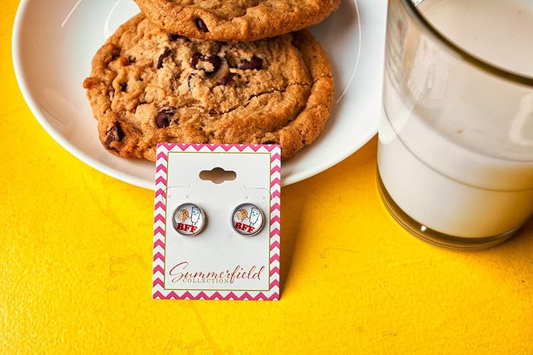 Summerfield Collection Stainless Steel Best Friends Print Glass Stud Earrings 12mm (Milk and Cookies)