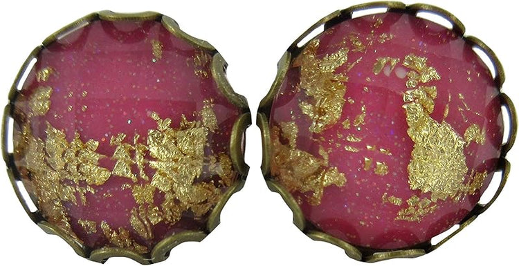 Summerfield Collection Antiqued Gold-tone Faceted Resin Leaf Foil Stud Earrings 12mm (Hot Pink)