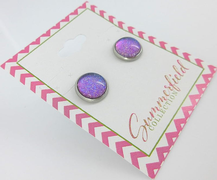 Summerfield Collection Stainless Steel Blue Purple Glitter Glass Stud Earrings Hand-painted 10mm