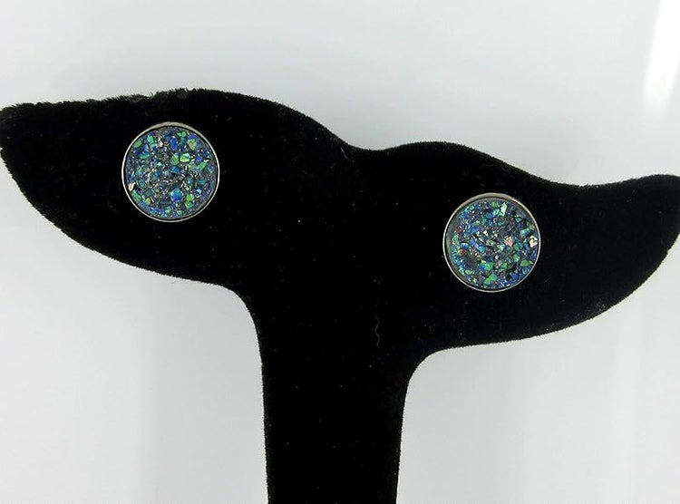 Summerfield Collection Hematite-tone Faux Druzy Stone Stud Earrings 12mm (Gray Green Blue AB)