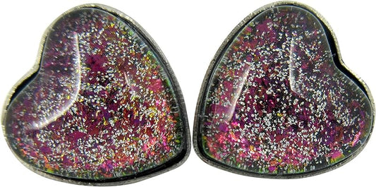 Summerfield Collection Stainless Steel Black and Rainbow Flake Glitter Glass Heart Stud Earrings Hand-painted