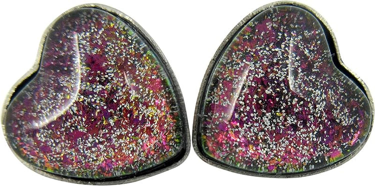 Summerfield Collection Stainless Steel Black and Rainbow Flake Glitter Glass Heart Stud Earrings Hand-painted