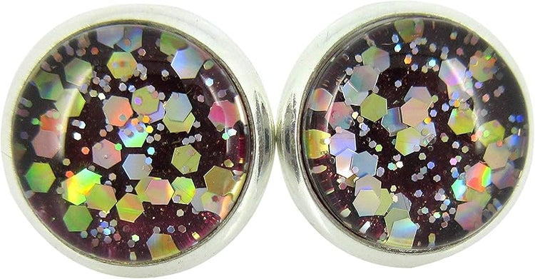 Summerfield Collection Silver-tone Burgundy Confetti Glitter Glass Stud Earrings Hand-painted 10mm