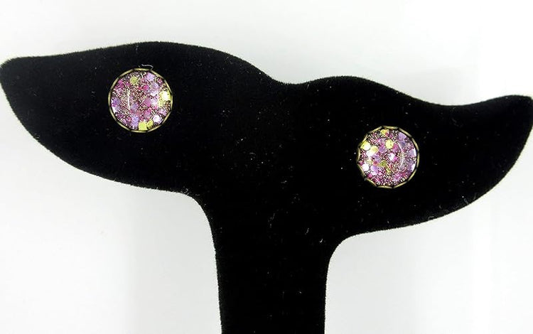 Summerfield Collection Antiqued Gold-tone Purple Glitter Glass Stud Earrings Hand-painted 10mm