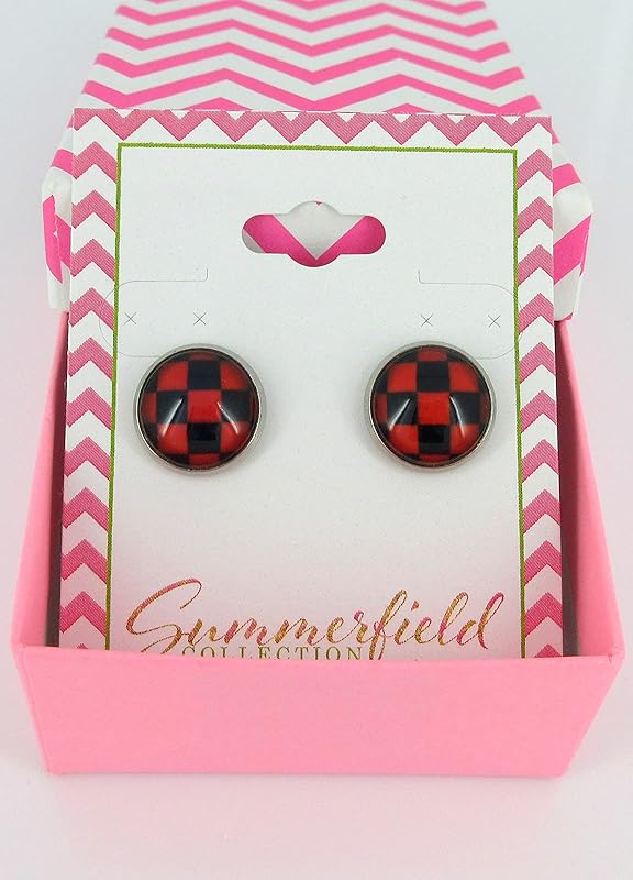 Summerfield Collection Stainless Steel Checkerboard Print Glass Stud Earrings 12mm (Red)
