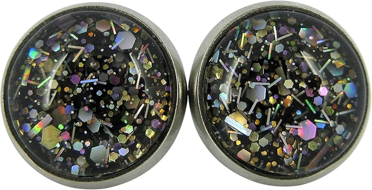 Summerfield Collection Stainless Steel Metallic Black with Silver and Gold Glitter Glass Stud Earrings Hand-painted 10mm