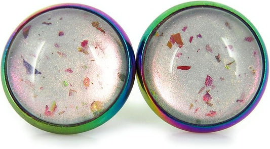 Summerfield Collection Rainbow Stainless Steel Metallic Glitter Glass Stud Earrings Hand-painted 12mm (Opalescent Fleck)