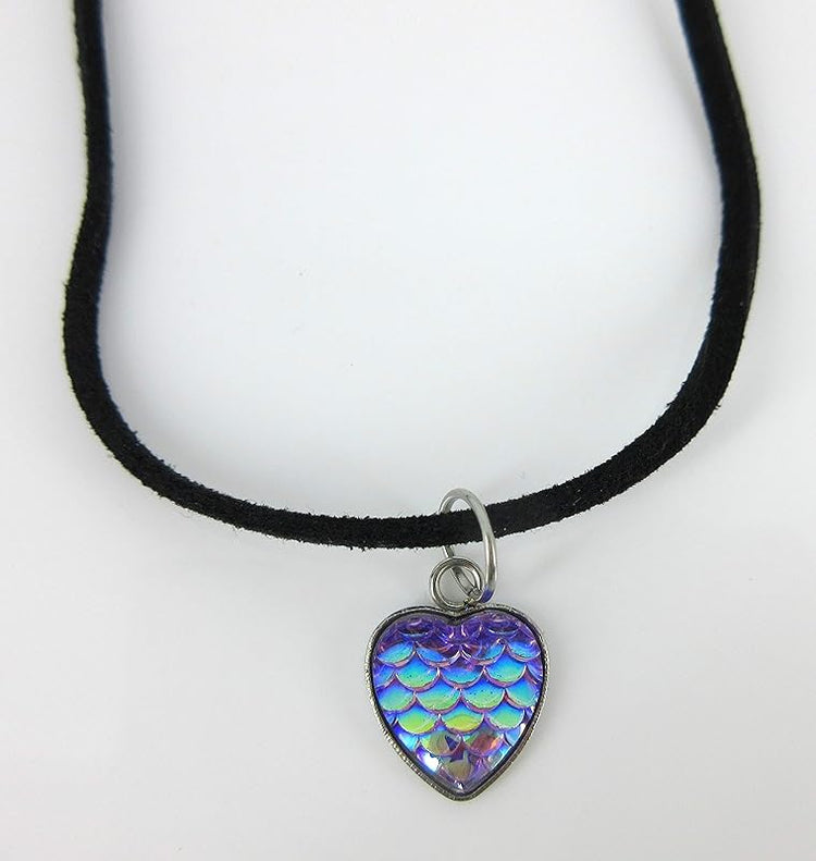 Summerfield Collection Mermaid Heart Choker Necklace Faux Black Suede Cord Dangle Earrings Set (Purple)