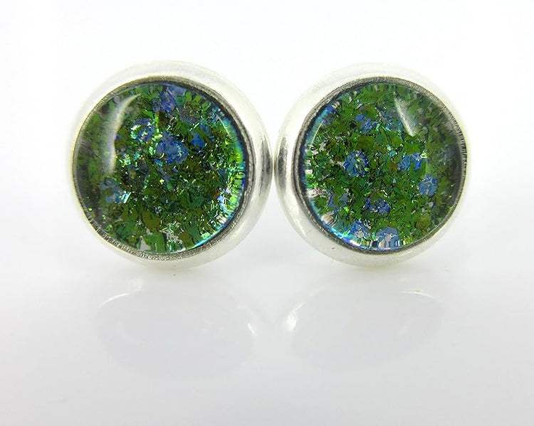Summerfield Collection Silver-tone Green and Blue Glitter Glass Stud Earrings Hand-painted 8mm