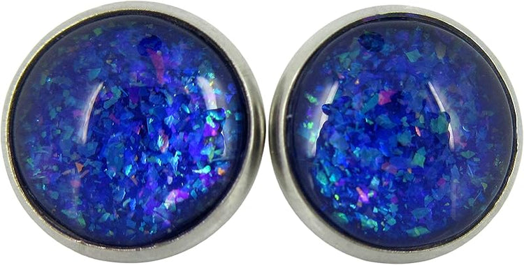 Summerfield Collection Stainless Steel Purple and Blue Holographic Glitter Glass Stud Earrings Hand-painted 12mm
