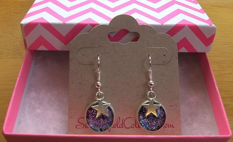 Summerfield Collection Silver-tone Glitter Glass Star Charm Galaxy Dangle Earrings Blue Hand-painted