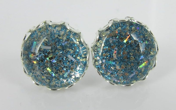 Summerfield Collection Trio Stud Earrings Ocean Blue Glitter Glass Silver Faux Druzy Stone Set 12mm