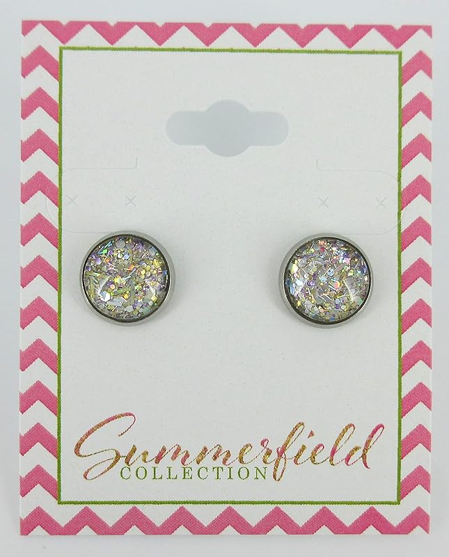 Summerfield Collection Stainless Steel Metallic Silver and Gold Glitter Glass Stud Earrings Hand-painted 10mm