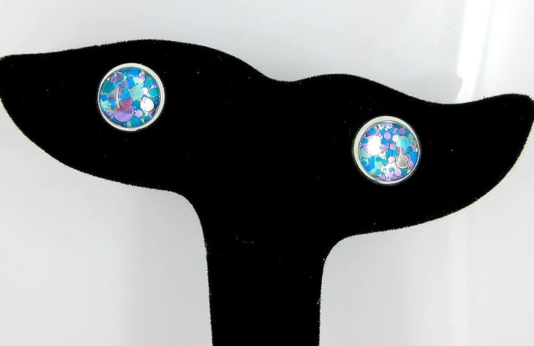 Summerfield Collection Silver-tone Blue and Purple Glitter Glass Stud Earrings Hand-painted 10mm