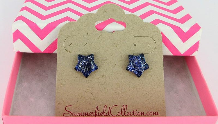 Summerfield Collection Dark Royal Blue Star Shaped Glitter Glass Galaxy Stud Earrings 10mm Hand-painted
