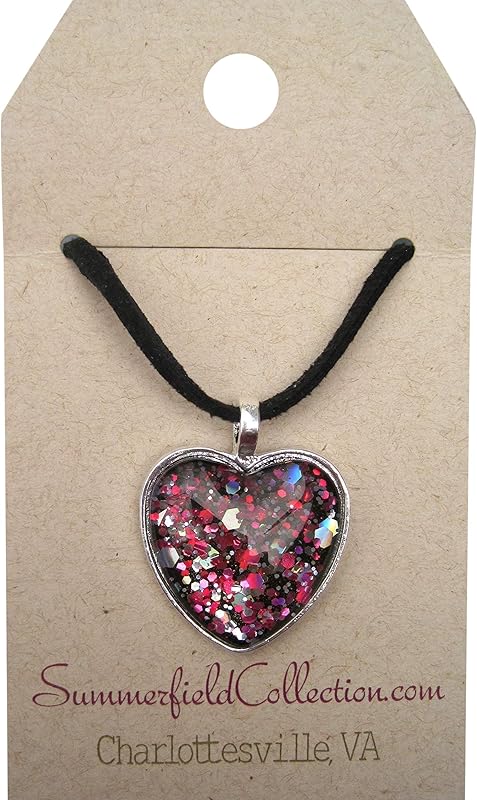 Summerfield Collection Silver-Tone Black and Pink Glitter Glass Heart Pendant Necklace Faux Suede Cord