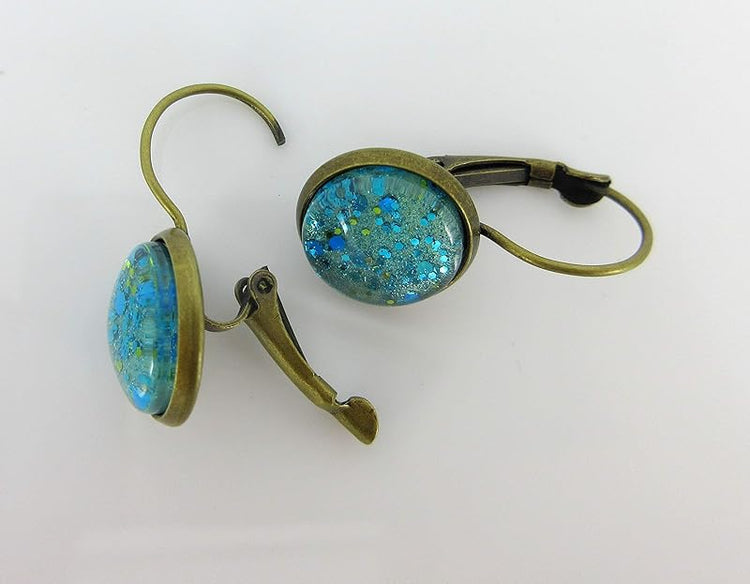 Summerfield Collection Antiqued Gold-tone Seafoam Green and Blue Glitter Glass Lever-back Drop Earrings Hand-painted