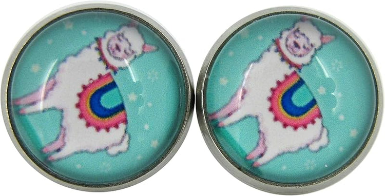 Summerfield Collection Stainless Steel Llama Print Glass Stud Earrings 12mm (Teal)