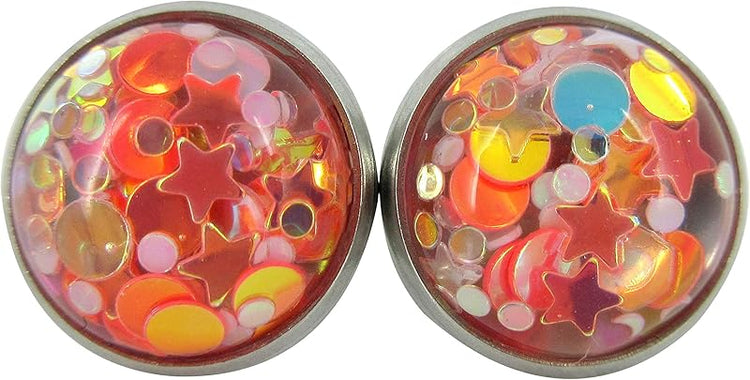 Summerfield Collection Stainless Steel Glitter Resin Globe Stud Earrings 12mm (Sunset)