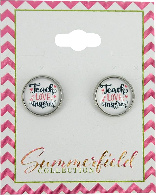 Summerfield Collection Stainless Steel Teacher Print Glass Stud Earrings 12mm (Teach Love Inspire)