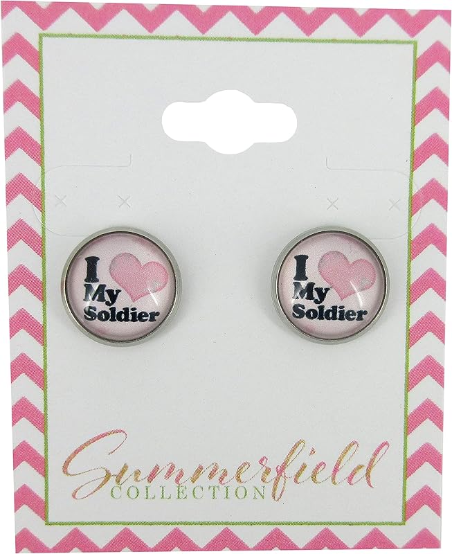 Summerfield Collection Stainless Steel I Love My Soldier Print Glass Stud Earrings 12mm Pink Black