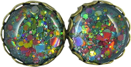 Summerfield Collection Antiqued Gold-tone Aqua Blue and Pink Glitter Glass Stud Earrings Hand-painted 12mm