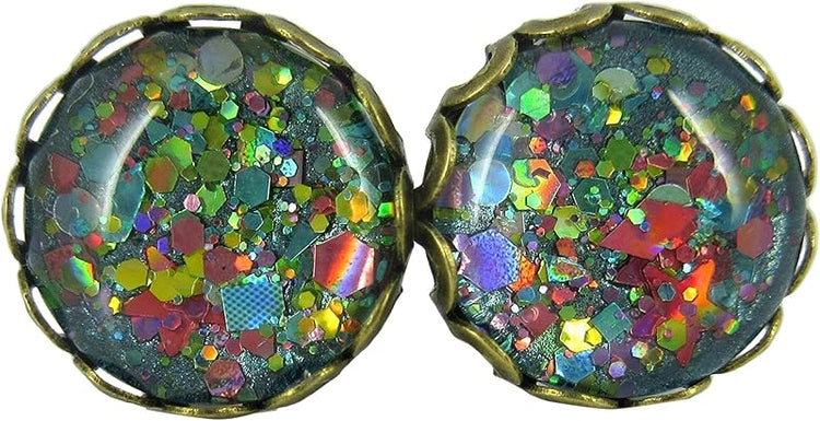 Summerfield Collection Antiqued Gold-tone Aqua Blue and Pink Glitter Glass Stud Earrings Hand-painted 12mm